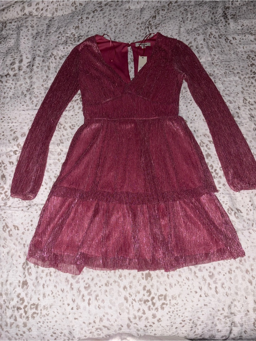 Francesca's Collections Shimmery Raspberry Long-Sleeve Tiered Dress
